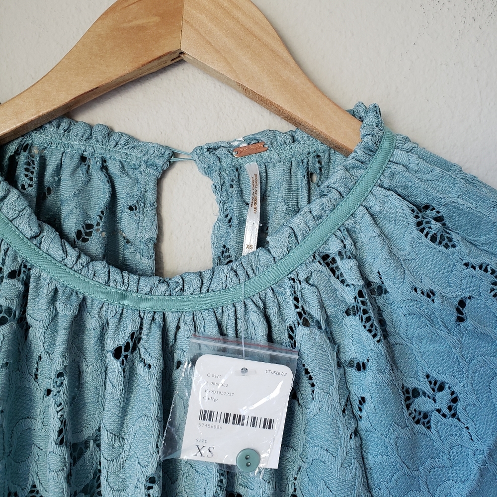 Free People | Floral Lace Scoop Neck Scalloped Hem Pirate Sleeve Blouse Top - Picture 9 of 10